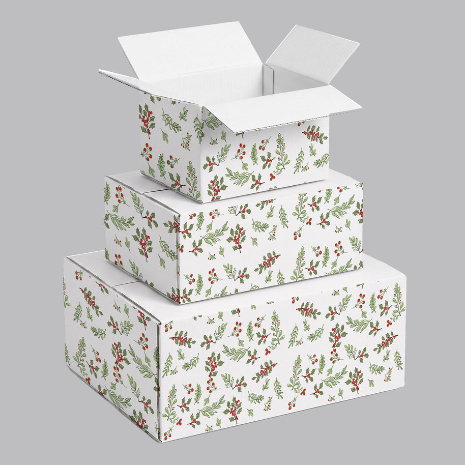 Christmas Holly Berries and Greens Printed Theme Shipping Box - 1 Pack (25 Pieces)