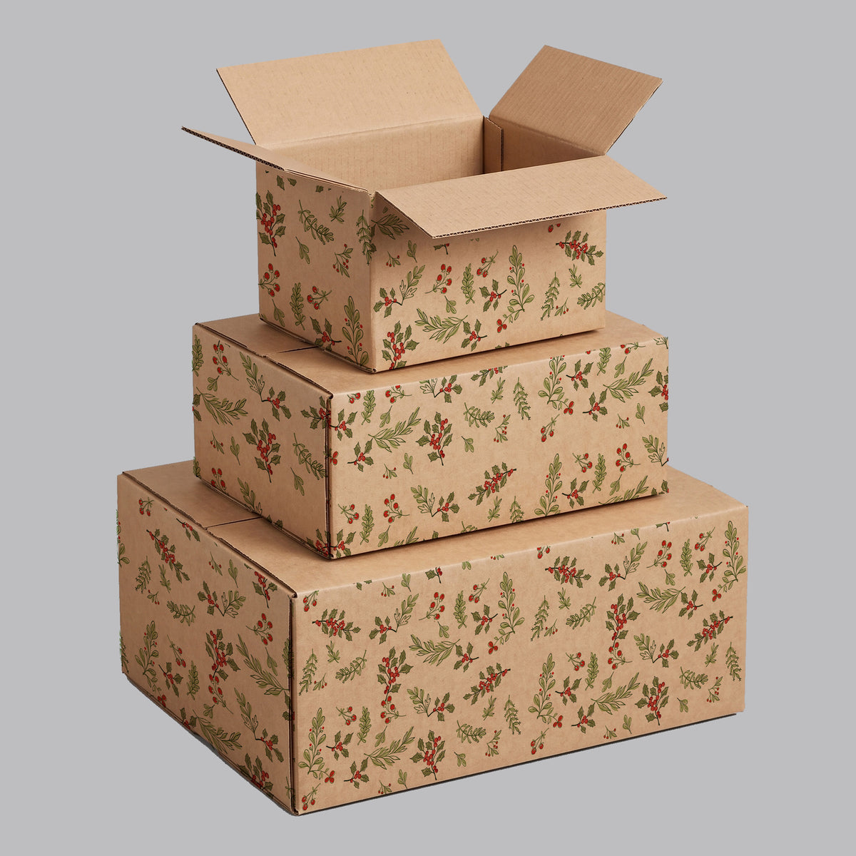Christmas Holly Berries and Greens Printed Theme Shipping Box - 1 Pack (25 Pieces)
