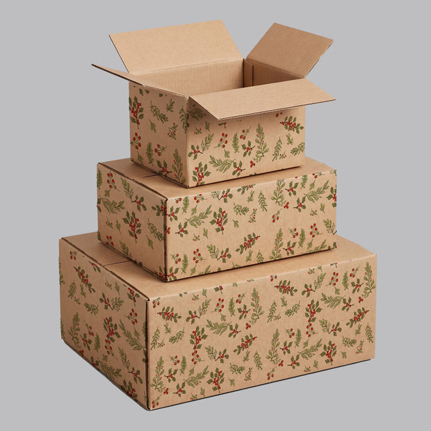 Christmas Holly Berries and Greens Printed Theme Shipping Box - 1 Pack (25 Pieces)