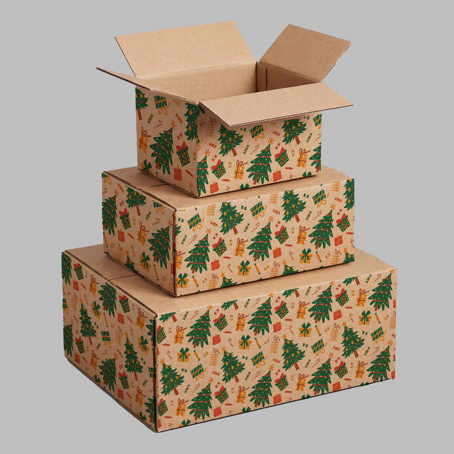 Christmas Trees, Candy & Presents Printed Theme Shipping Box - 1 Pack (25 Pieces)