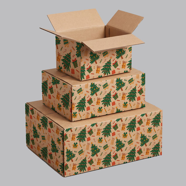 Christmas Trees, Candy & Presents Printed Theme Shipping Box - 1 Pack (25 Pieces)