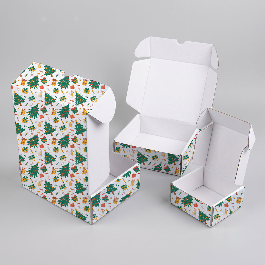 Christmas Trees, Candy & Presents Printed Theme Mailer Box - 1 Pack (25 Pieces)