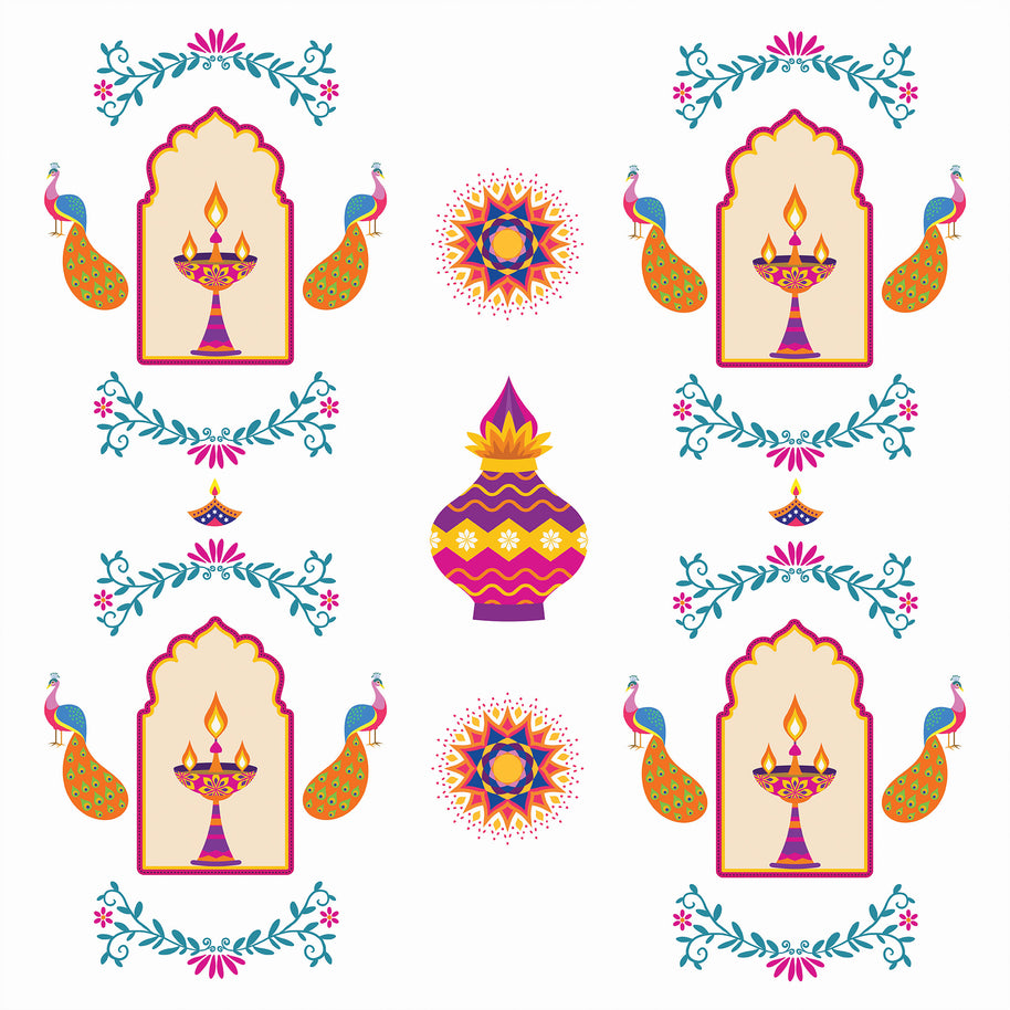 Diwali Diya & Peacock Repeat Pattern Printed Theme Mailer Box - 1 Pack (25 Pieces)