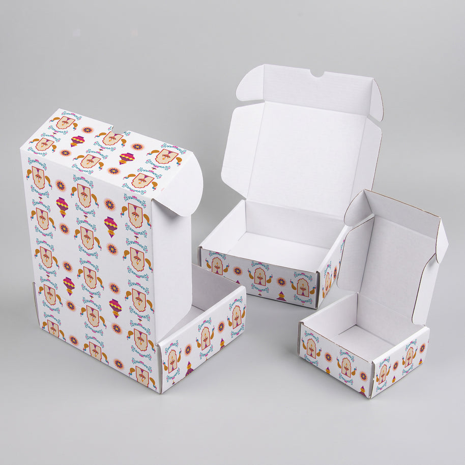 Diwali Diya & Peacock Repeat Pattern Printed Theme Mailer Box - 1 Pack (25 Pieces)