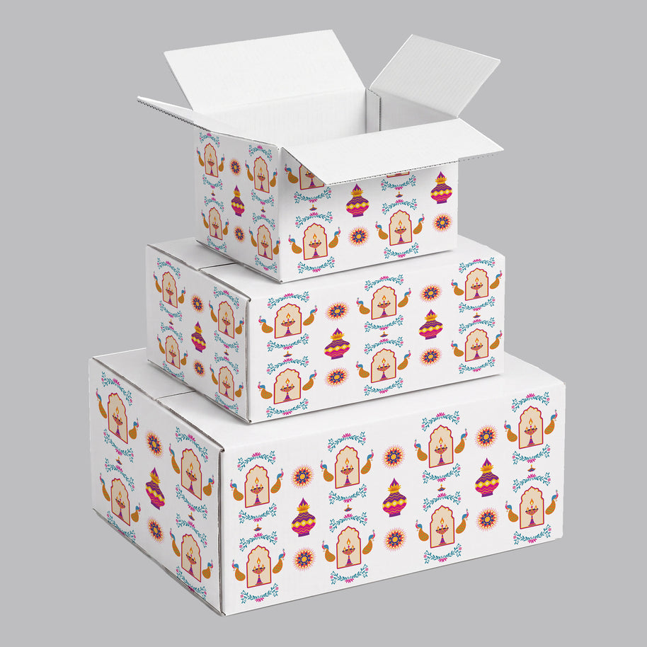 Diwali Diya & Peacock Repeat Pattern Printed Theme Shipping Box - 1 Pack (25 Pieces)