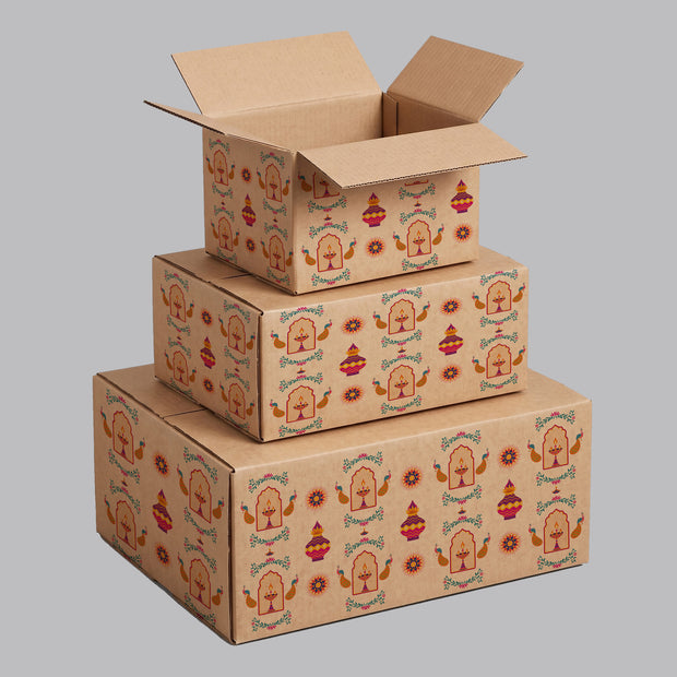 Diwali Diya & Peacock Repeat Pattern Printed Theme Shipping Box - 1 Pack (25 Pieces)