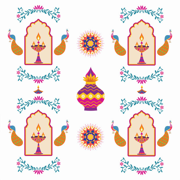 Diwali Diya & Peacock Repeat Pattern Printed Theme Mailer Box - 1 Pack (25 Pieces)