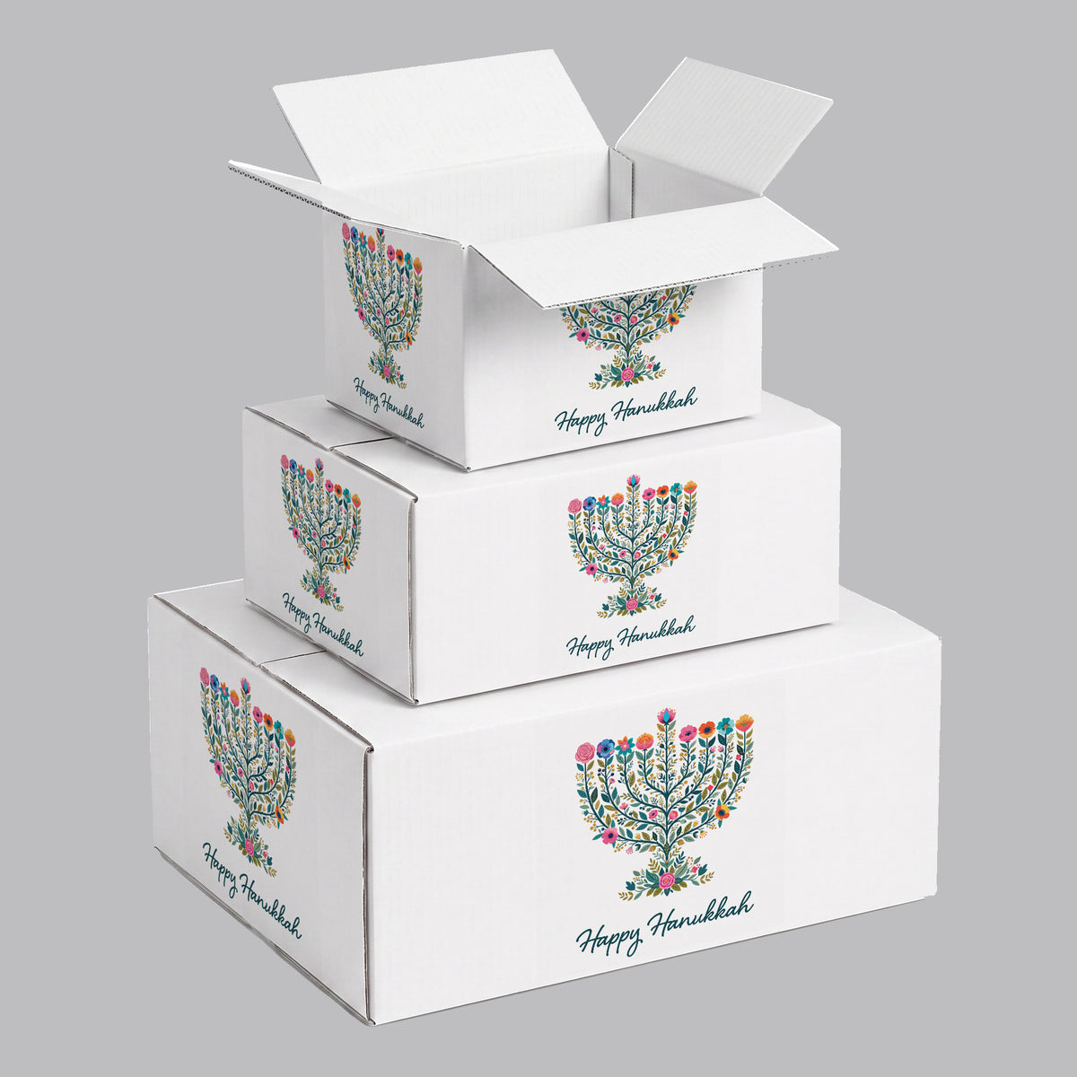 Hanukkah Flower Menorah Candle Printed Theme Shipping Box - 1 Pack (25 Pieces)