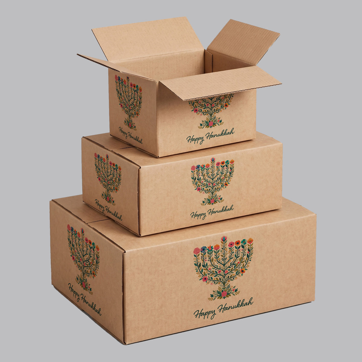 Hanukkah Flower Menorah Candle Printed Theme Shipping Box - 1 Pack (25 Pieces)